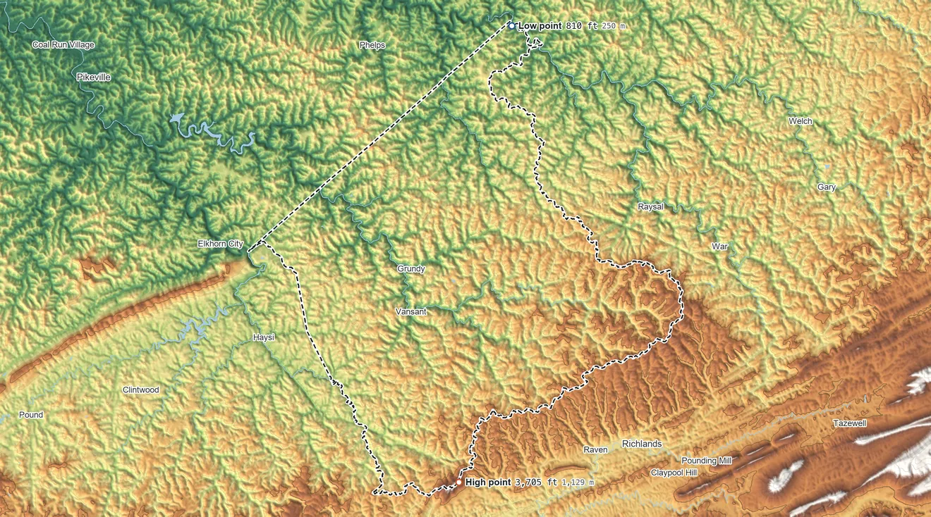Topographic elevation map of Buchanan County, Virginia, shaded from 810 ft on the north side to 3,705 ft on Big A Mountain