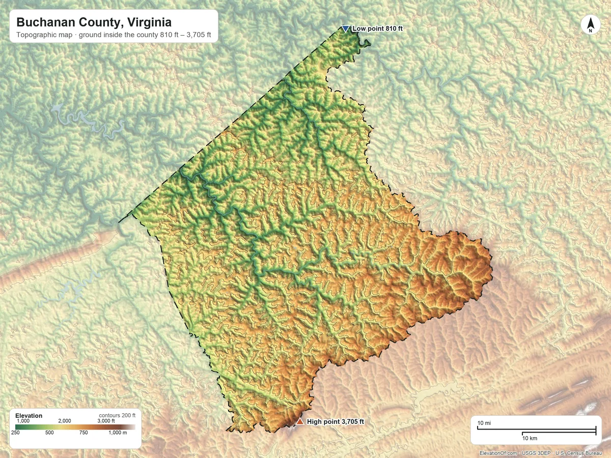 Topographic elevation map of Buchanan County, Virginia, shaded from 810 ft on the north side to 3,705 ft on Big A Mountain