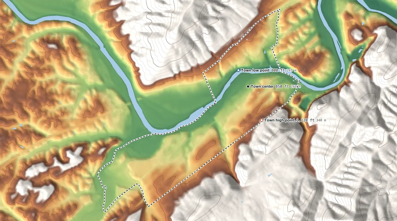 Topographic elevation map of Buchanan, Virginia, shaded from 800 ft near the middle to 1,120 ft at the foot of the Short Hills