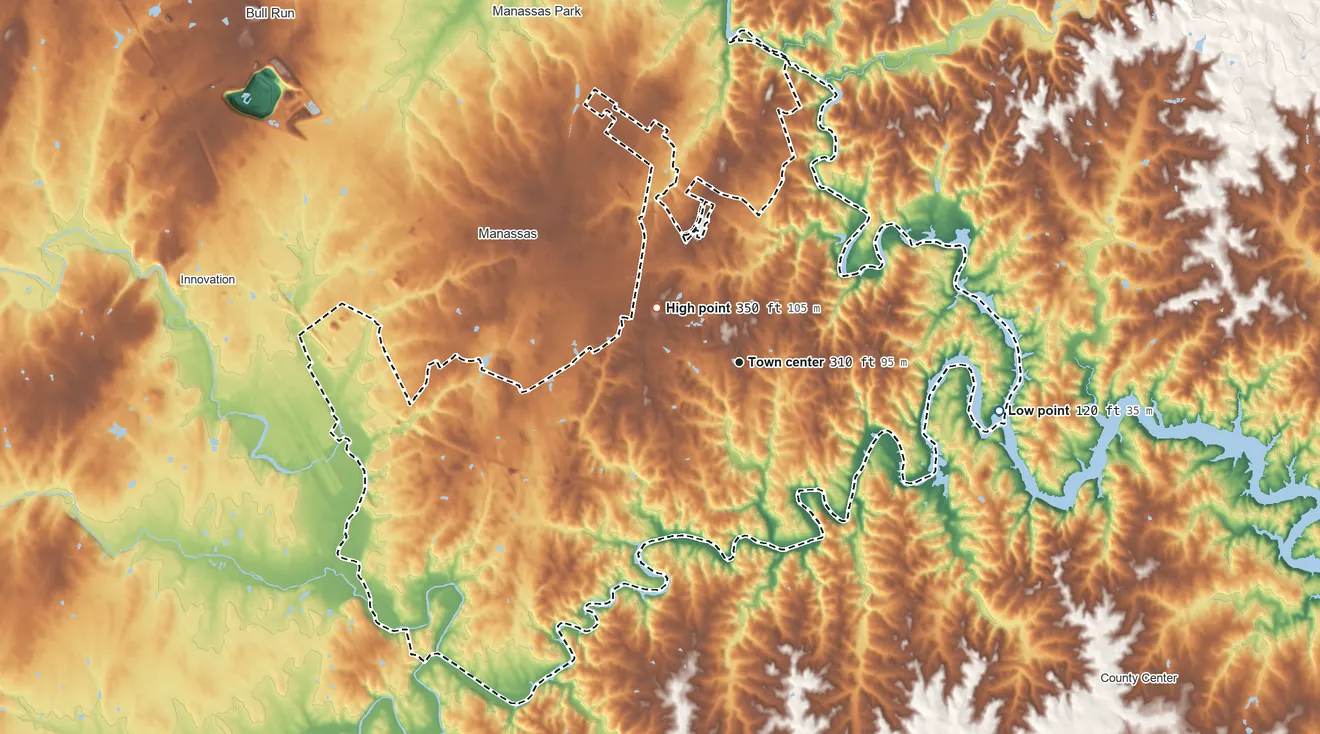 Topographic elevation map of Buckhall, Virginia, shaded from 120 ft on the east side to 350 ft near the middle