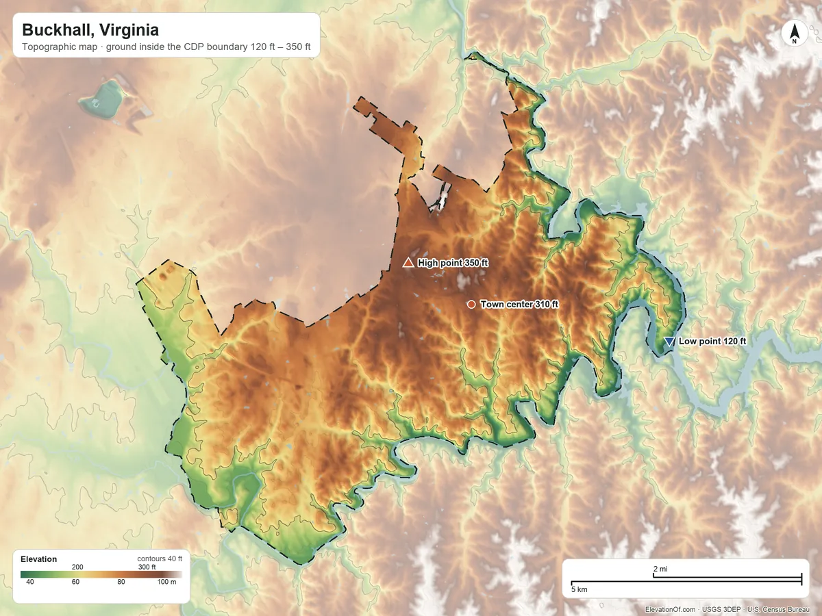 Topographic elevation map of Buckhall, Virginia, shaded from 120 ft on the east side to 350 ft near the middle