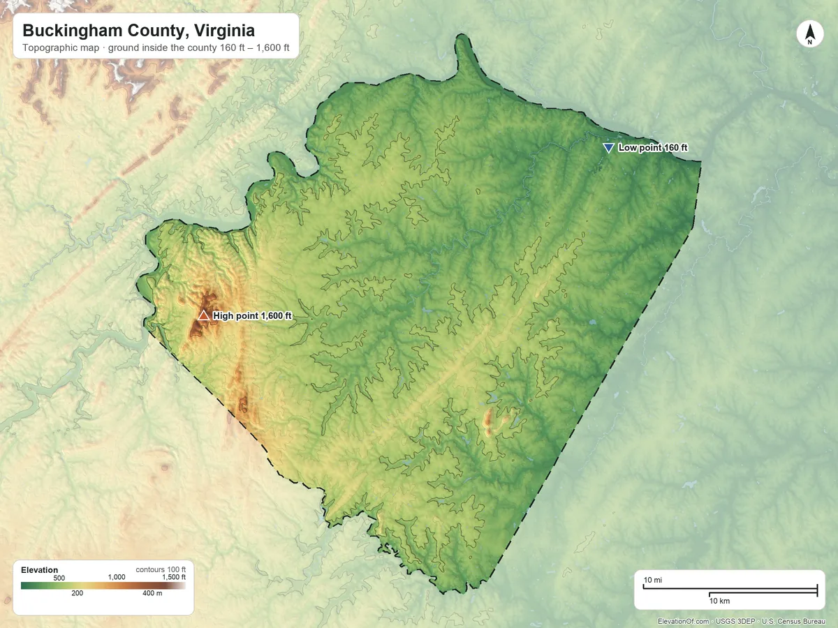 Topographic elevation map of Buckingham County, Virginia, shaded from 160 ft on the northeast side to 1,600 ft on Spears Mountain