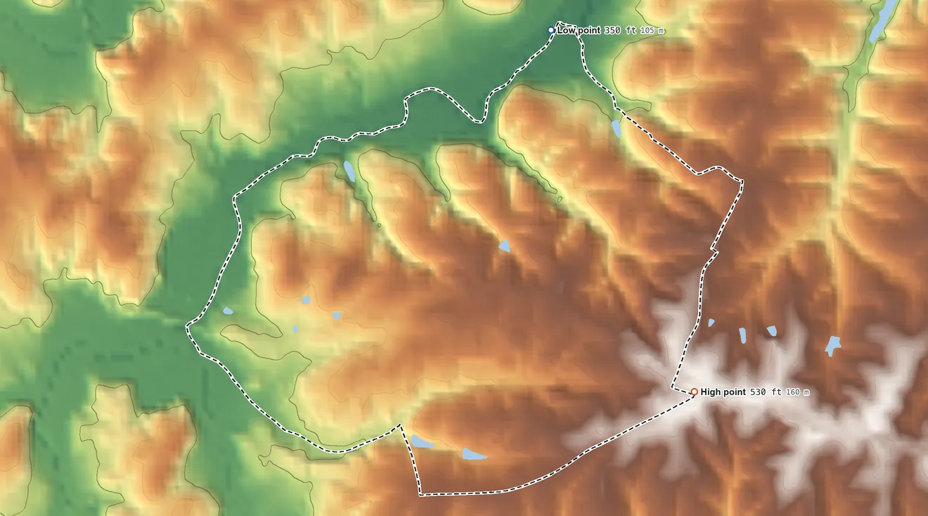 Topographic elevation map of Buckingham Courthouse, Virginia, shaded from 350 ft on the north side to 530 ft on the southeast side