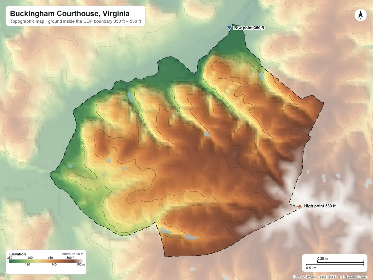 Topographic elevation map of Buckingham Courthouse, Virginia, shaded from 350 ft on the north side to 530 ft on the southeast side