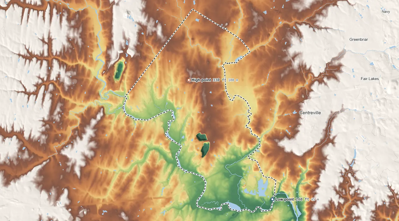 Topographic elevation map of Bull Run, Fairfax County, Virginia, shaded from 140 ft on the southeast side to 330 ft on the northwest side