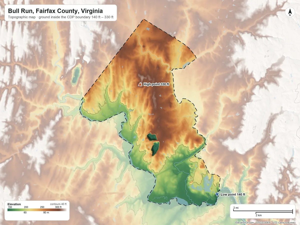 Topographic elevation map of Bull Run, Fairfax County, Virginia, shaded from 140 ft on the southeast side to 330 ft on the northwest side