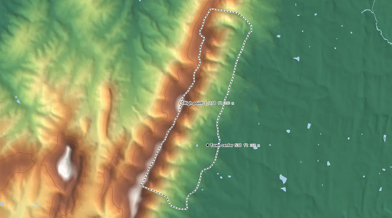 Topographic elevation map of Bull Run Mountain Estates, Virginia, shaded from 480 ft near the middle to 1,270 ft on the northwest side