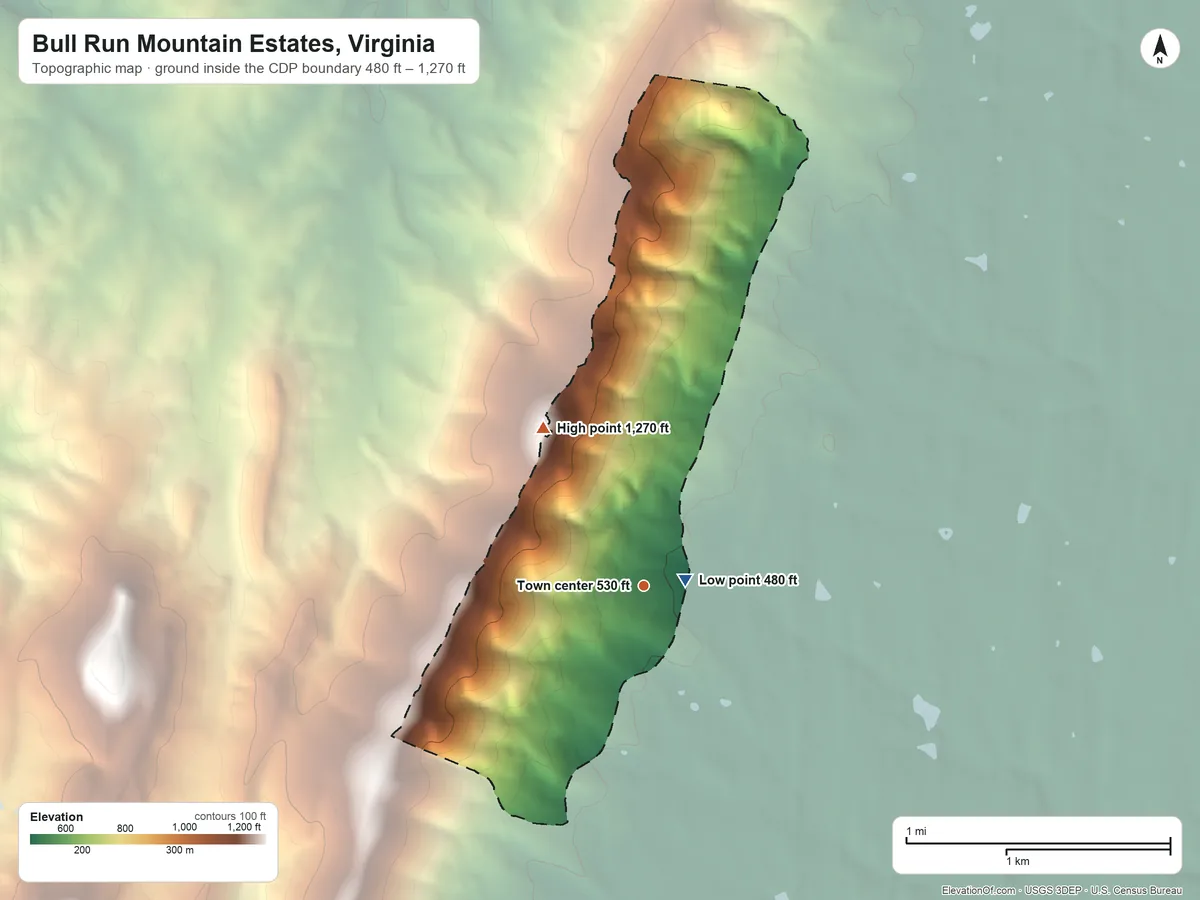 Topographic elevation map of Bull Run Mountain Estates, Virginia, shaded from 480 ft near the middle to 1,270 ft on the northwest side
