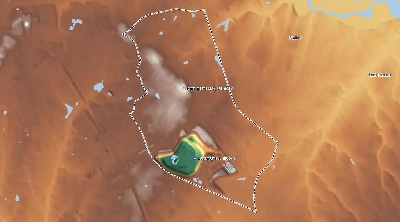 Topographic elevation map of Bull Run, Virginia, shaded from 1 ft on the south side to 350 ft on Mount Pone