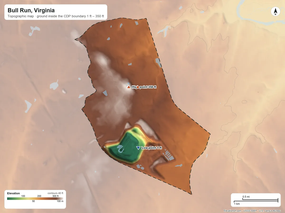 Topographic elevation map of Bull Run, Virginia, shaded from 1 ft on the south side to 350 ft on Mount Pone