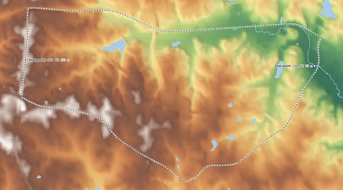 Topographic elevation map of Burke Centre, Virginia, shaded from 240 ft on the east side to 440 ft on the west side