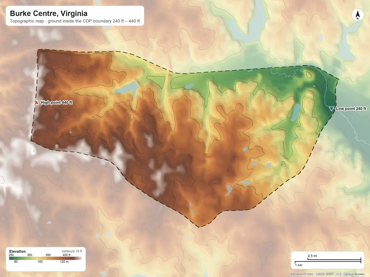 Topographic elevation map of Burke Centre, Virginia, shaded from 240 ft on the east side to 440 ft on the west side