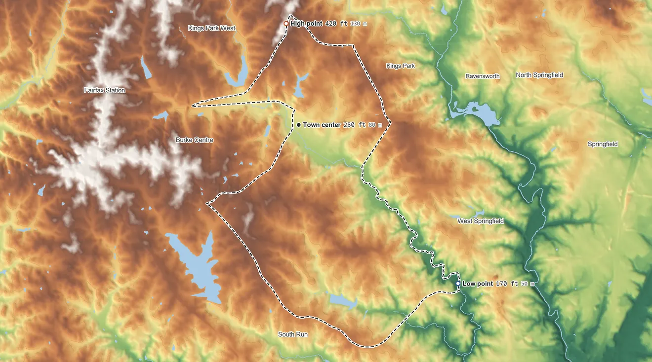 Topographic elevation map of Burke, Virginia, shaded from 170 ft on the southeast side to 420 ft on the north side