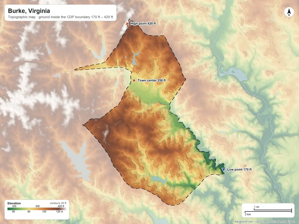 Topographic elevation map of Burke, Virginia, shaded from 170 ft on the southeast side to 420 ft on the north side