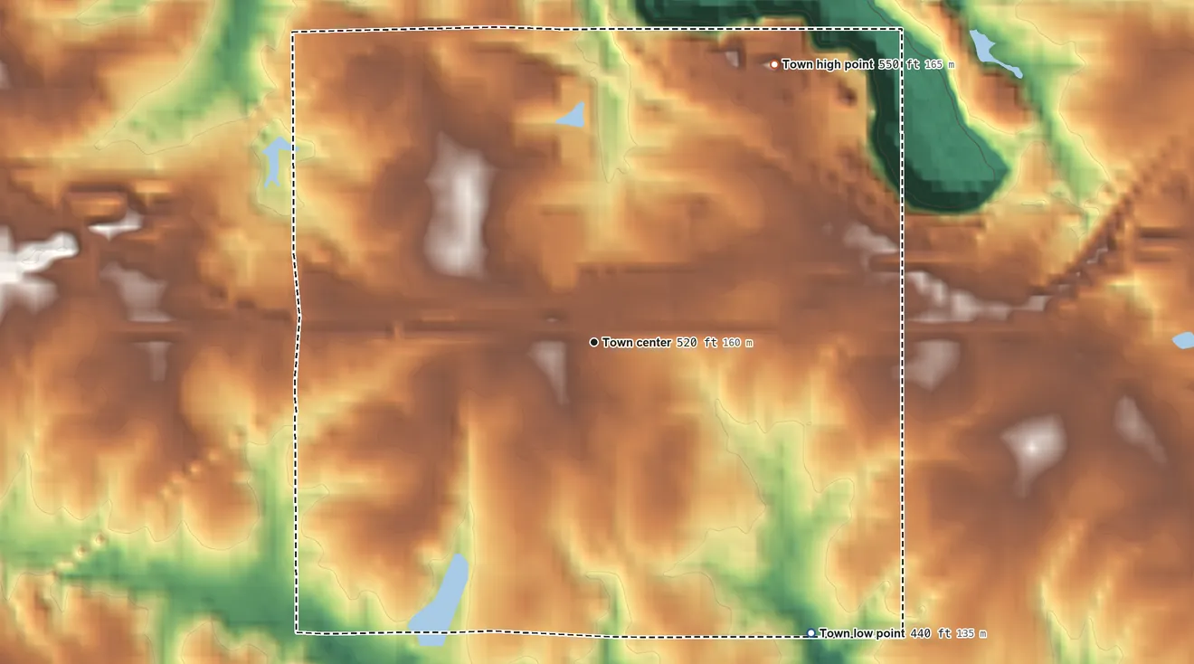 Topographic elevation map of Burkeville, Virginia, shaded from 440 ft on the southeast side to 550 ft on the northeast side