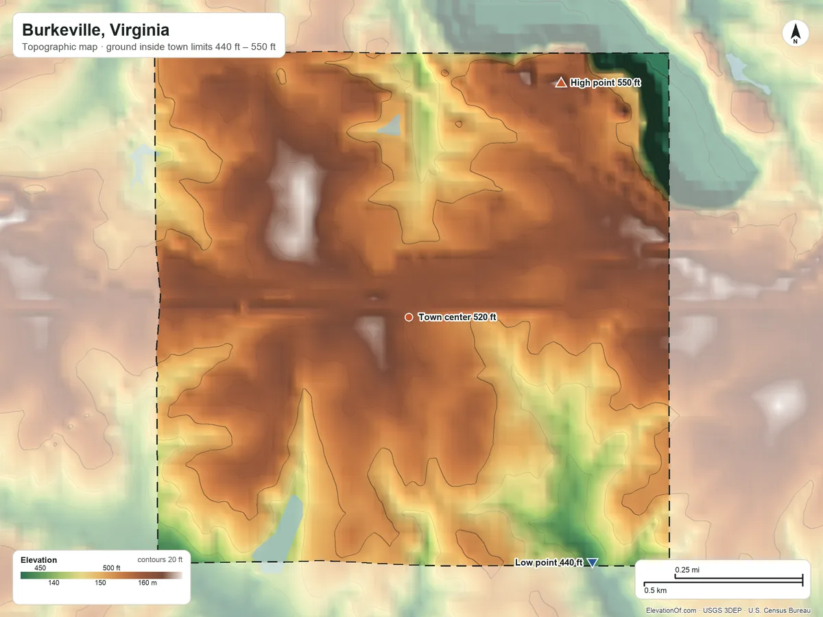 Topographic elevation map of Burkeville, Virginia, shaded from 440 ft on the southeast side to 550 ft on the northeast side