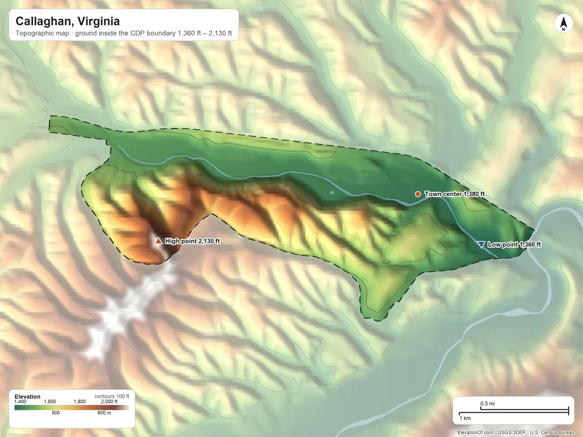 Topographic elevation map of Callaghan, Virginia, shaded from 1,360 ft on the southeast side to 2,130 ft on the west side