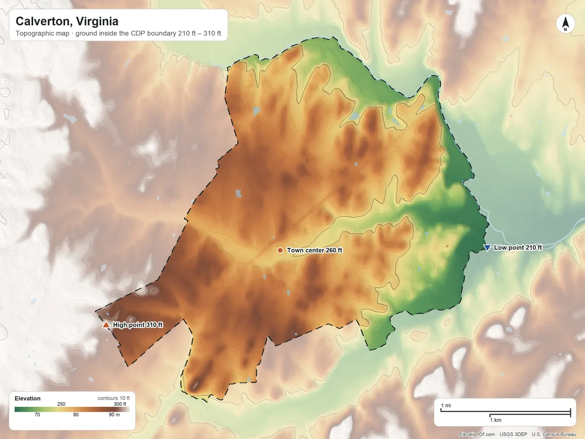 Topographic elevation map of Calverton, Virginia, shaded from 210 ft on the east side to 310 ft on the southwest side