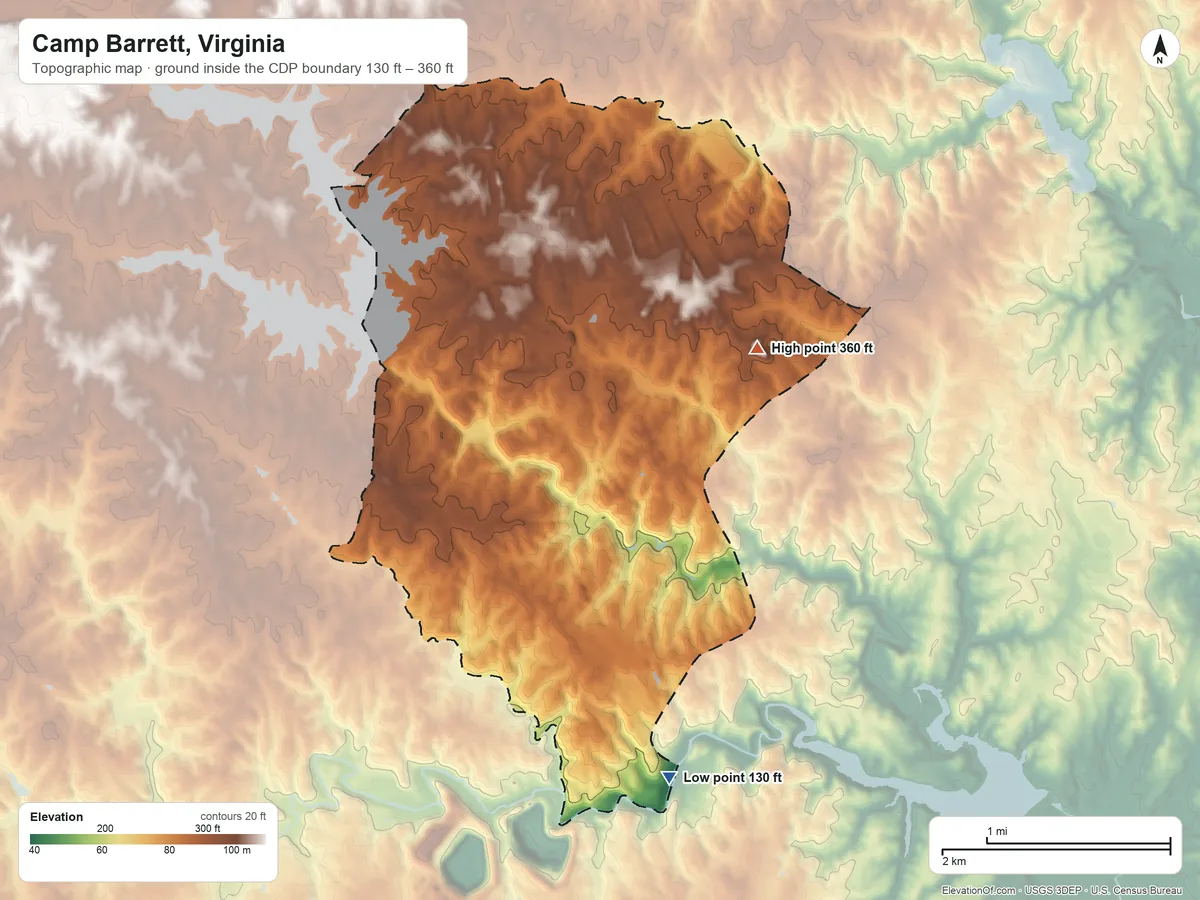 Topographic elevation map of Camp Barrett, Virginia, shaded from 130 ft on the southeast side to 360 ft on the northeast side