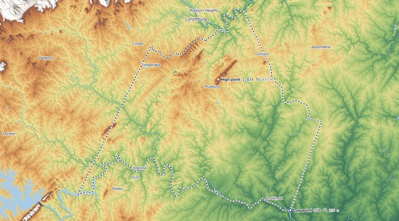 Topographic elevation map of Campbell County, Virginia, shaded from 350 ft on the southeast side to 1,435 ft on Long Mountain