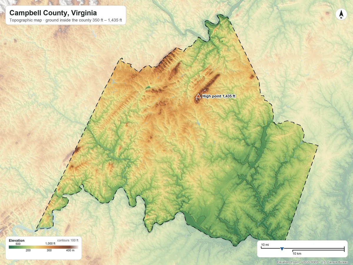 Topographic elevation map of Campbell County, Virginia, shaded from 350 ft on the southeast side to 1,435 ft on Long Mountain