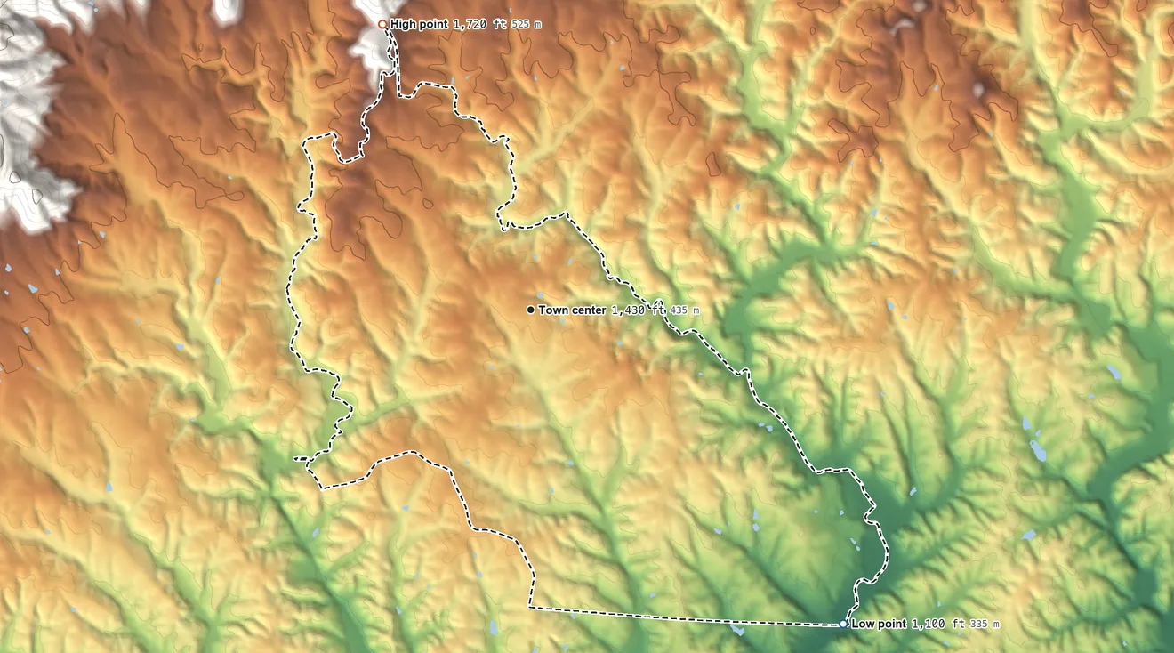 Topographic elevation map of Cana, Virginia, shaded from 1,100 ft on the southeast side to 1,720 ft on the northwest edge, below higher ground just outside