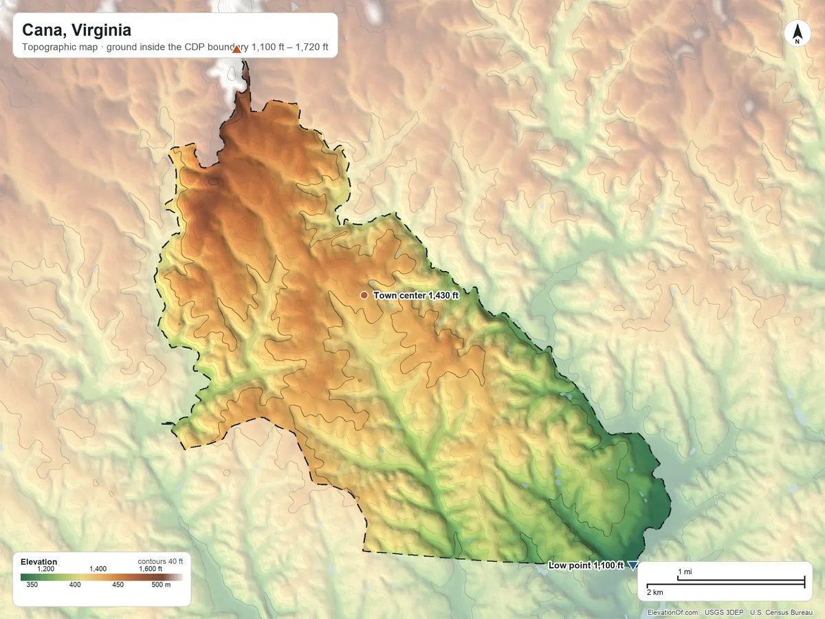 Topographic elevation map of Cana, Virginia, shaded from 1,100 ft on the southeast side to 1,720 ft on the northwest edge, below higher ground just outside