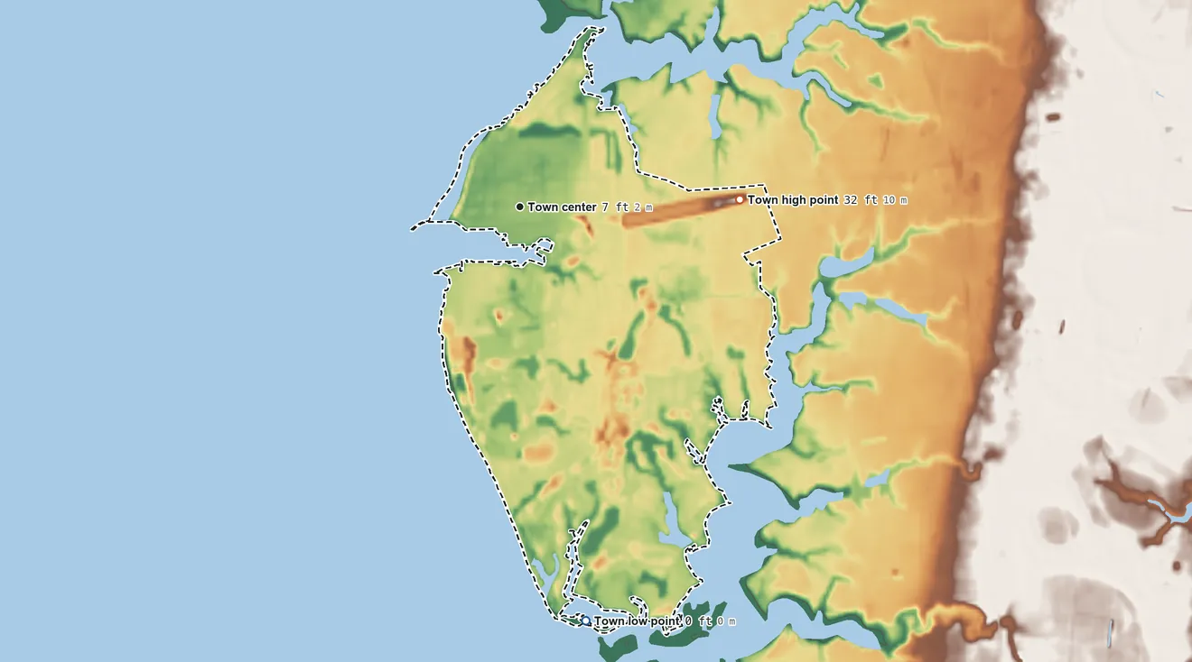 Topographic elevation map of Cape Charles, Virginia, shaded from sea level level on Chesapeake Bay to 32 ft on the east side