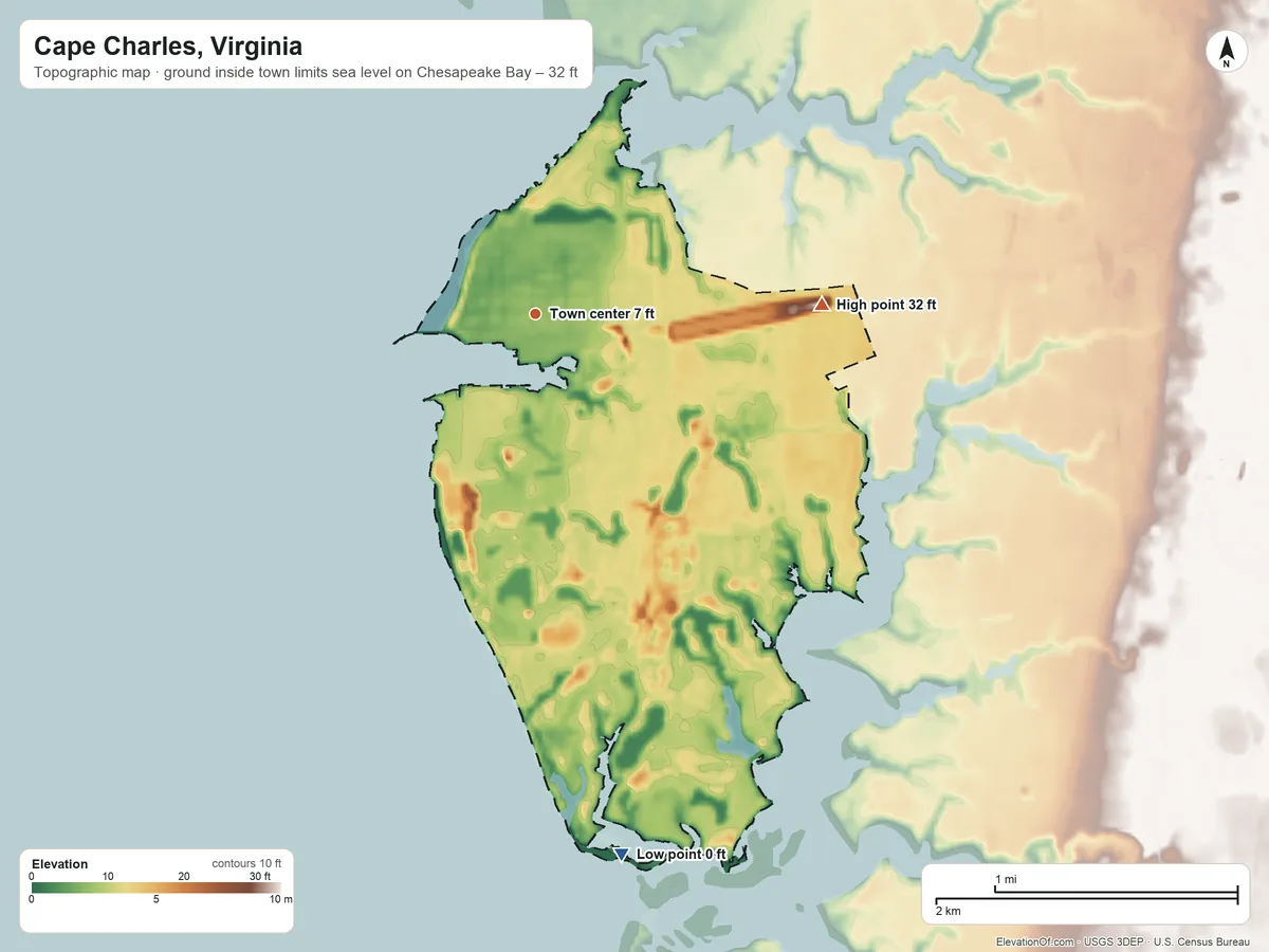 Topographic elevation map of Cape Charles, Virginia, shaded from sea level level on Chesapeake Bay to 32 ft on the east side