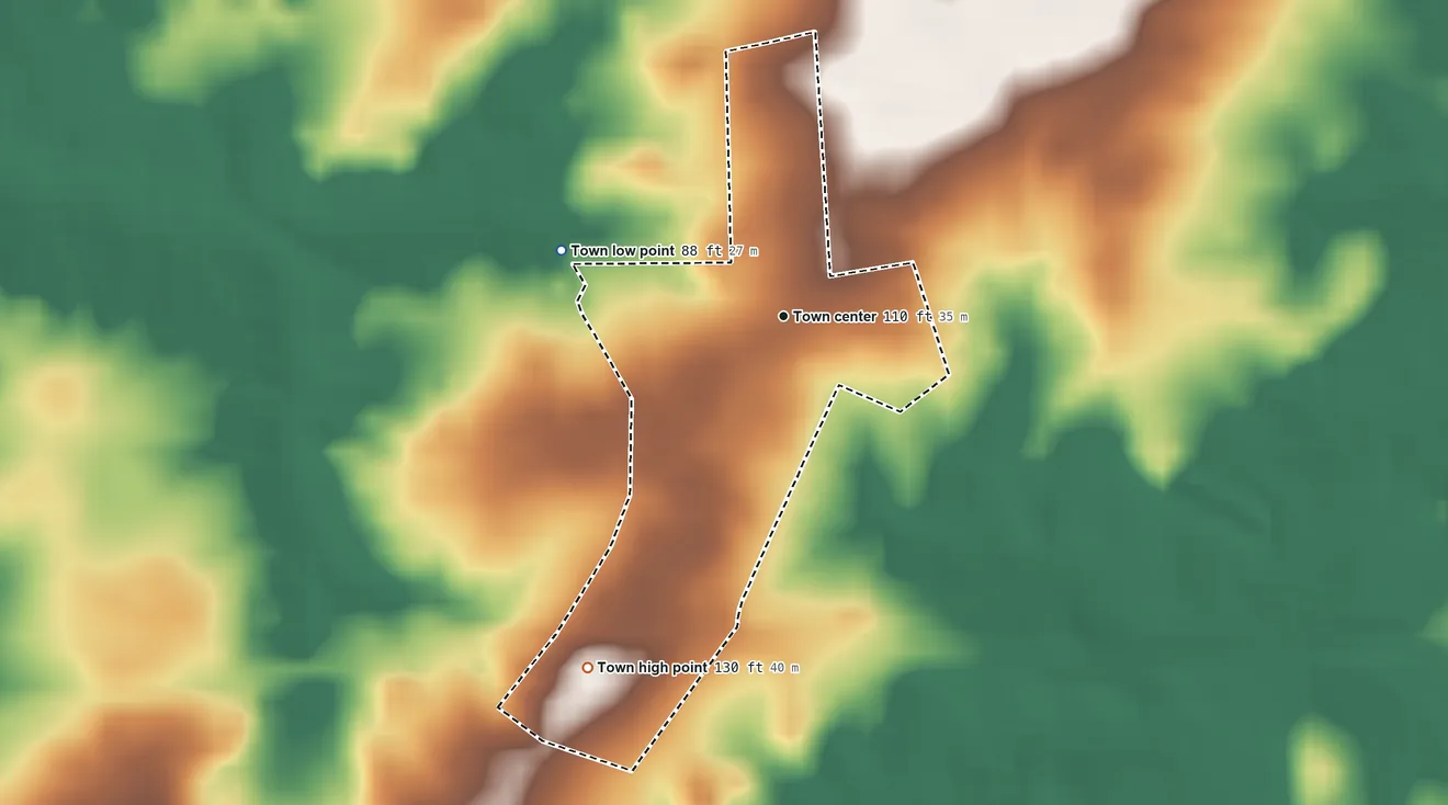 Topographic elevation map of Capron, Virginia, shaded from 88 ft on the west side to 130 ft on the southwest side