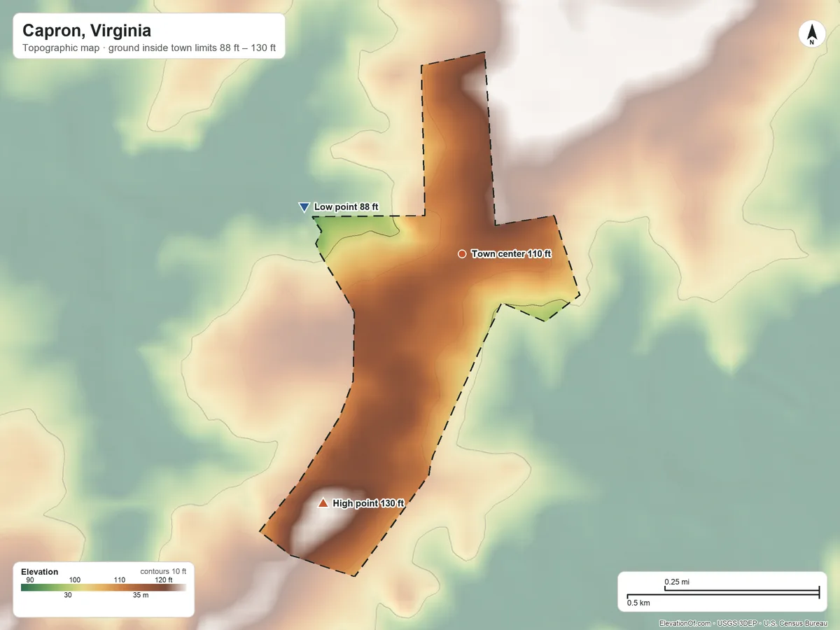Topographic elevation map of Capron, Virginia, shaded from 88 ft on the west side to 130 ft on the southwest side