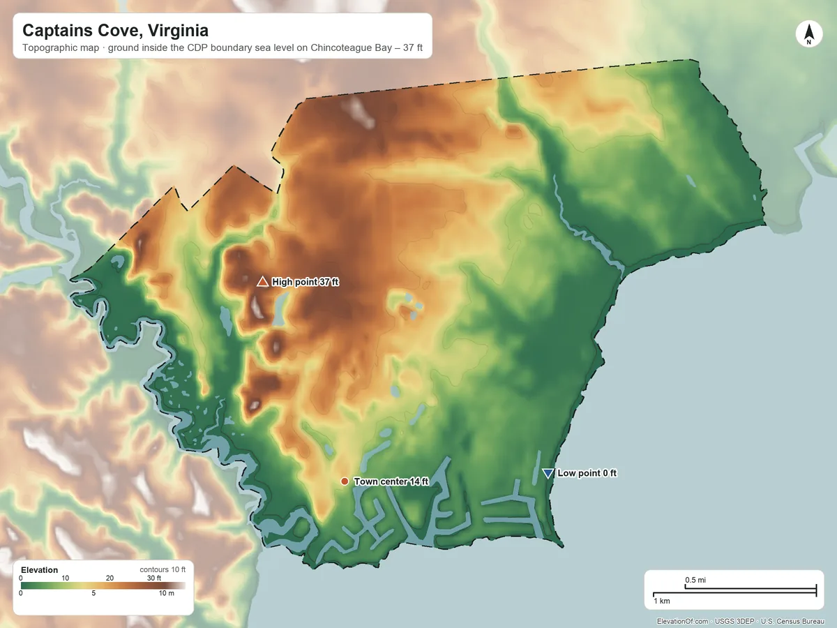 Topographic elevation map of Captains Cove, Virginia, shaded from sea level level on Chincoteague Bay to 37 ft on the north side
