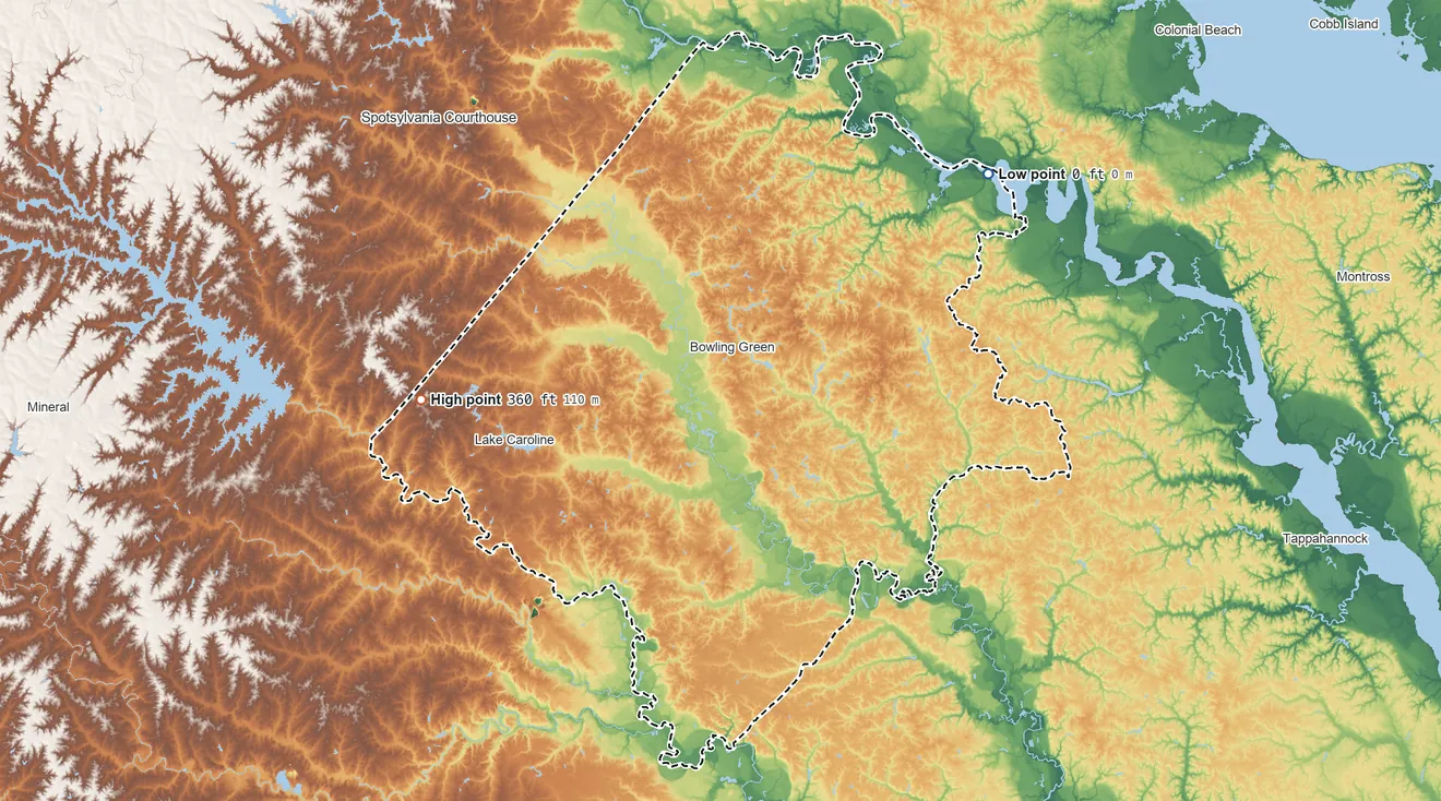 Topographic elevation map of Caroline County, Virginia, shaded from sea level on Nanzatico Bay to 360 ft on the west side