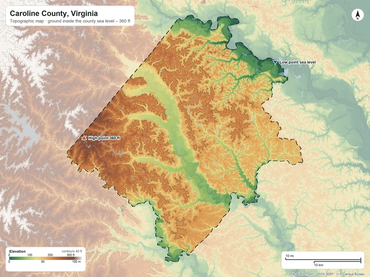 Topographic elevation map of Caroline County, Virginia, shaded from sea level on Nanzatico Bay to 360 ft on the west side