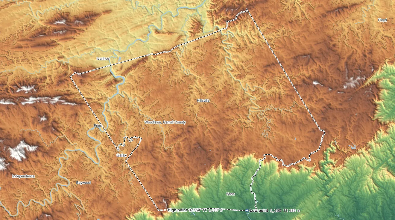 Topographic elevation map of Carroll County, Virginia, shaded from 1,100 ft on the southeast side to 3,560 ft on Fisher Peak