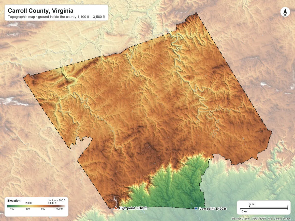 Topographic elevation map of Carroll County, Virginia, shaded from 1,100 ft on the southeast side to 3,560 ft on Fisher Peak