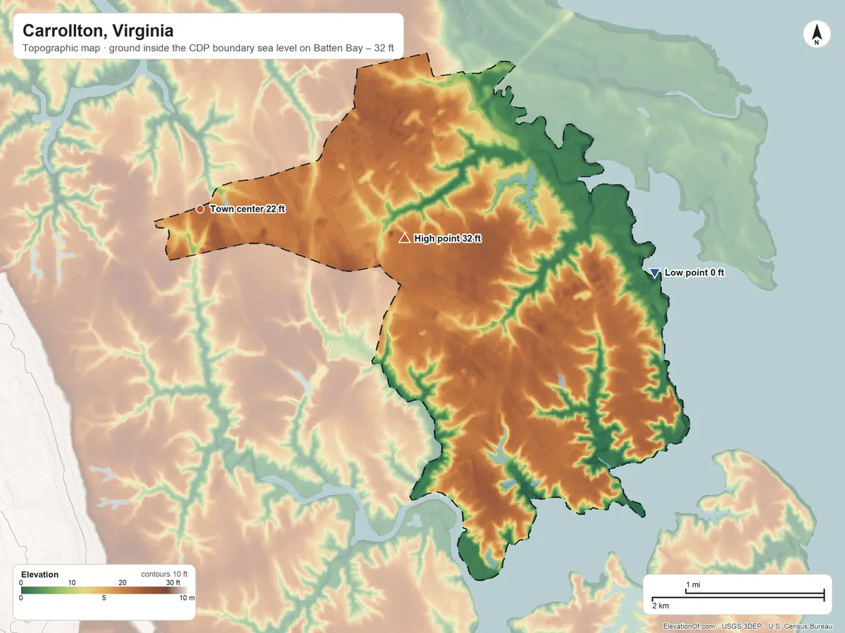 Topographic elevation map of Carrollton, Virginia, shaded from sea level level on Batten Bay to 32 ft on the east side