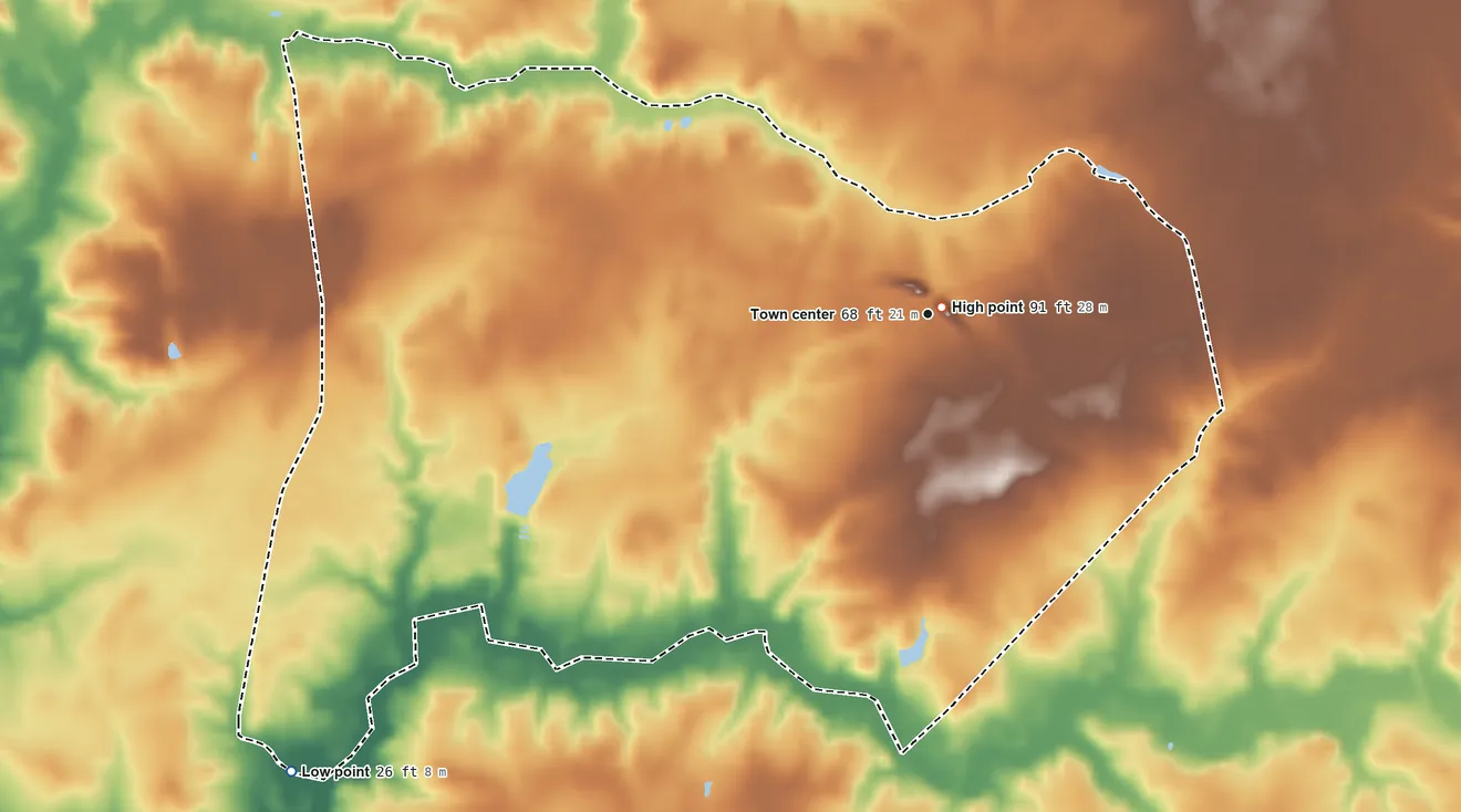 Topographic elevation map of Carrsville, Virginia, shaded from 26 ft on the southwest side to 91 ft near the middle