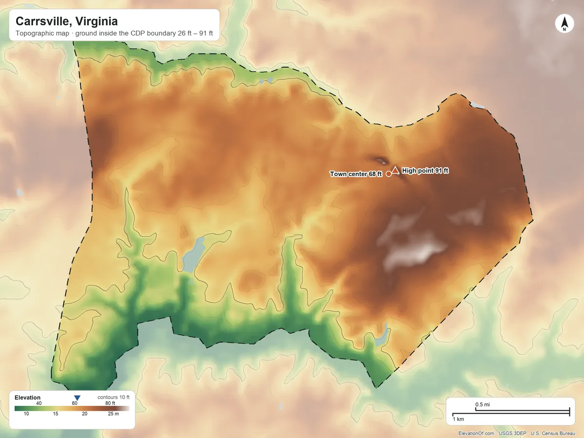 Topographic elevation map of Carrsville, Virginia, shaded from 26 ft on the southwest side to 91 ft near the middle