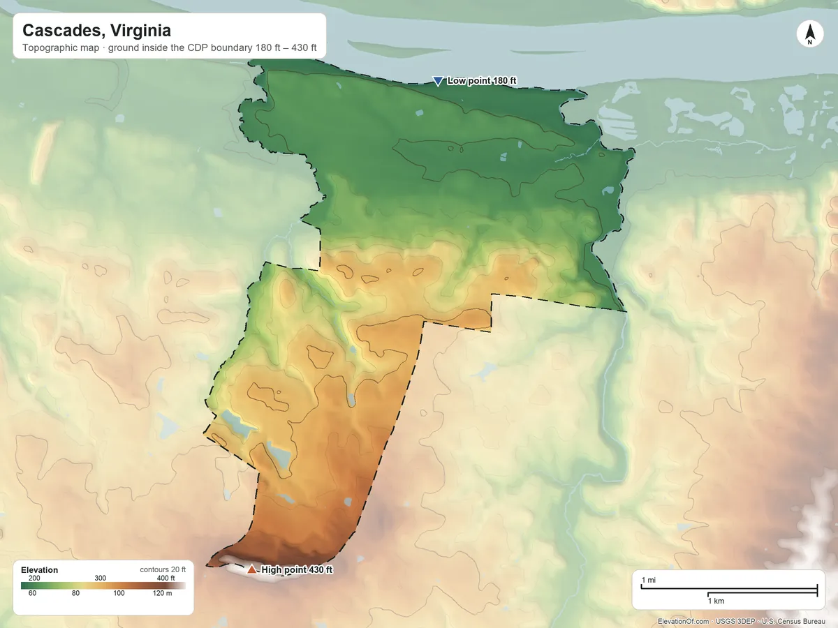 Topographic elevation map of Cascades, Virginia, shaded from 180 ft on the north side to 430 ft on Nokes Hill