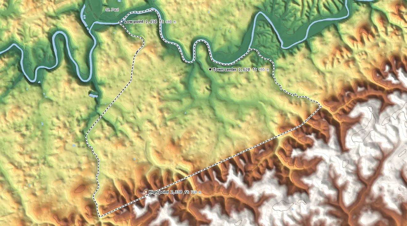 Topographic elevation map of Castlewood, Virginia, shaded from 1,450 ft on the northwest side to 2,330 ft on the southwest side