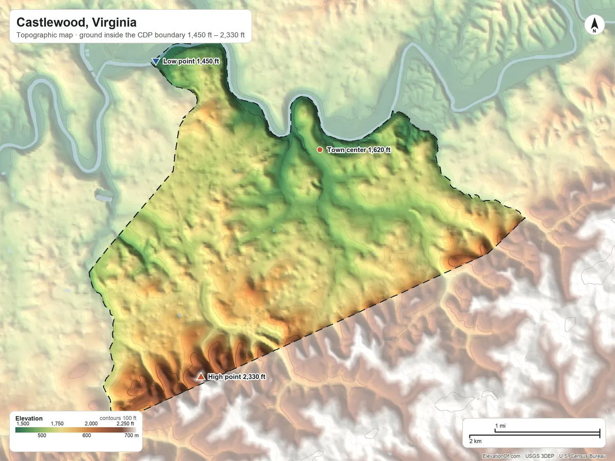 Topographic elevation map of Castlewood, Virginia, shaded from 1,450 ft on the northwest side to 2,330 ft on the southwest side