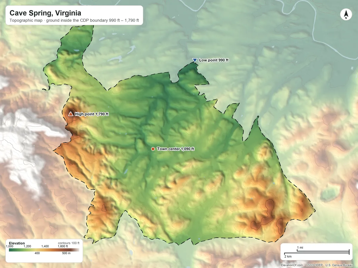Topographic elevation map of Cave Spring, Virginia, shaded from 990 ft on the northeast side to 1,790 ft on Sugarloaf Mountain