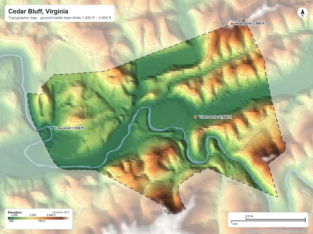Topographic elevation map of Cedar Bluff, Virginia, shaded from 1,930 ft on the west side to 2,600 ft on the north side