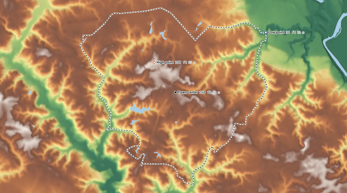 Topographic elevation map of Central Garage, Virginia, shaded from 36 ft on the northeast side to 180 ft on the northwest side