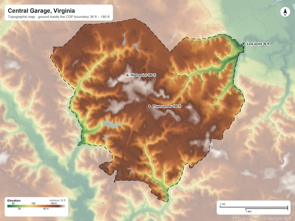 Topographic elevation map of Central Garage, Virginia, shaded from 36 ft on the northeast side to 180 ft on the northwest side
