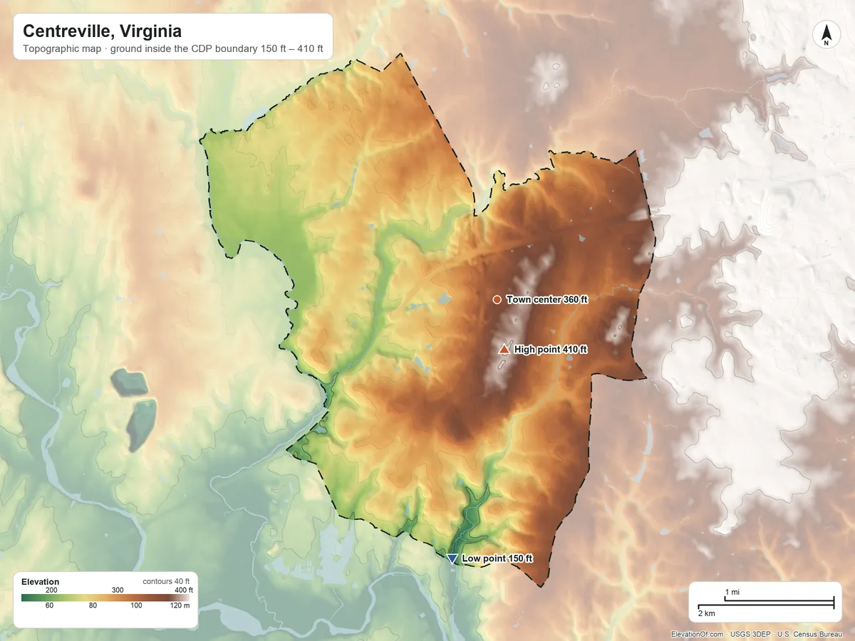 Topographic elevation map of Centreville, Virginia, shaded from 150 ft on the south side to 410 ft near the middle