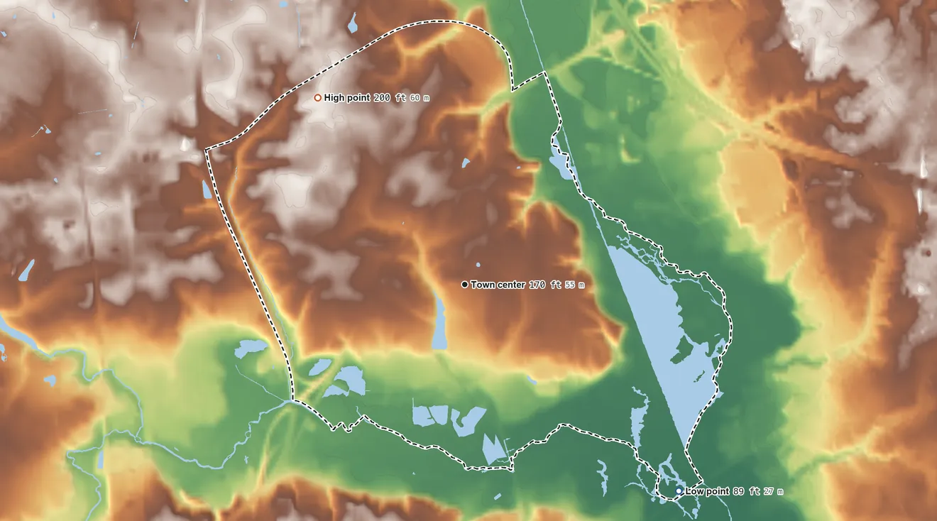 Topographic elevation map of Chamberlayne, Virginia, shaded from 89 ft on the southeast side to 200 ft on the northwest side