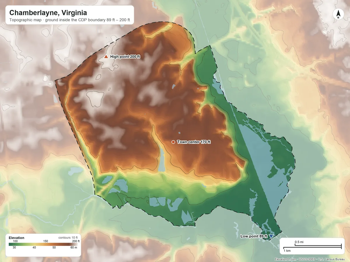 Topographic elevation map of Chamberlayne, Virginia, shaded from 89 ft on the southeast side to 200 ft on the northwest side