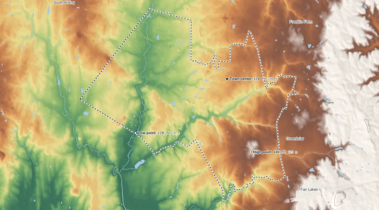 Topographic elevation map of Chantilly, Virginia, shaded from 220 ft on the southwest side to 400 ft on the south side